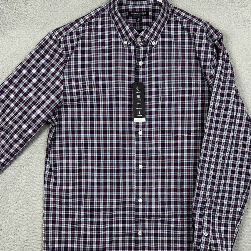 NEW Banana Republic Shirt Mens Large Slim Flex Fit Navy Red Plaid Tech Stretch